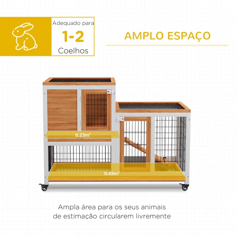 PawHut Coelheira de Madeira Interior com Rodas de 2 Pisos com Zona Aberta Rampa e 2 Bandejas Removíveis 110x50x88 cm Madeira