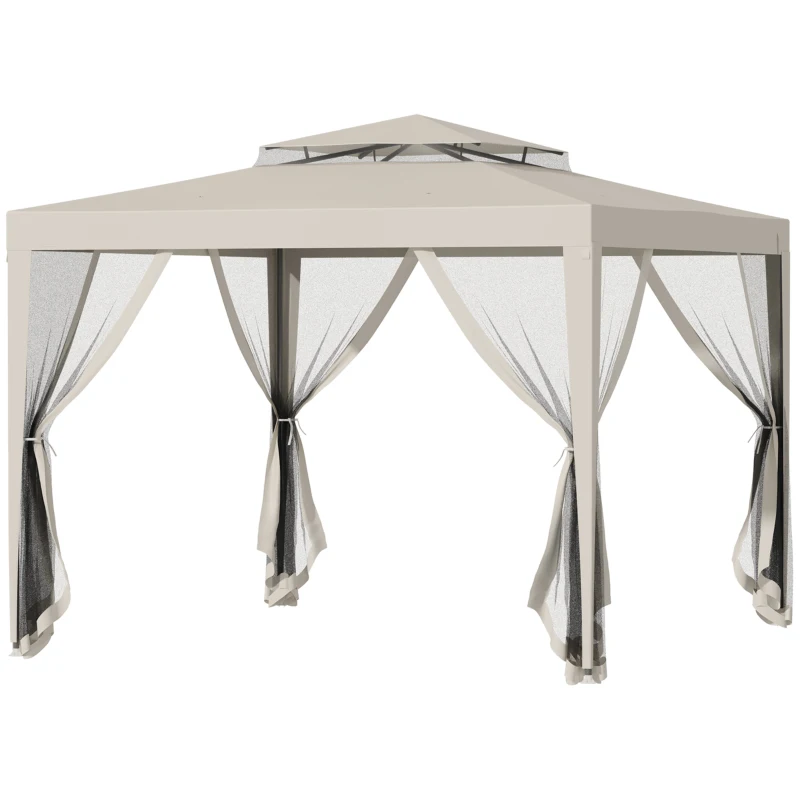 Outsunny Pérgola de Jardim 297x297x268 cm com Redes Mosquiteiras Laterais com Fecho de Correr Teto de Ventilação e 8 Orifícios de Drenagem Bege