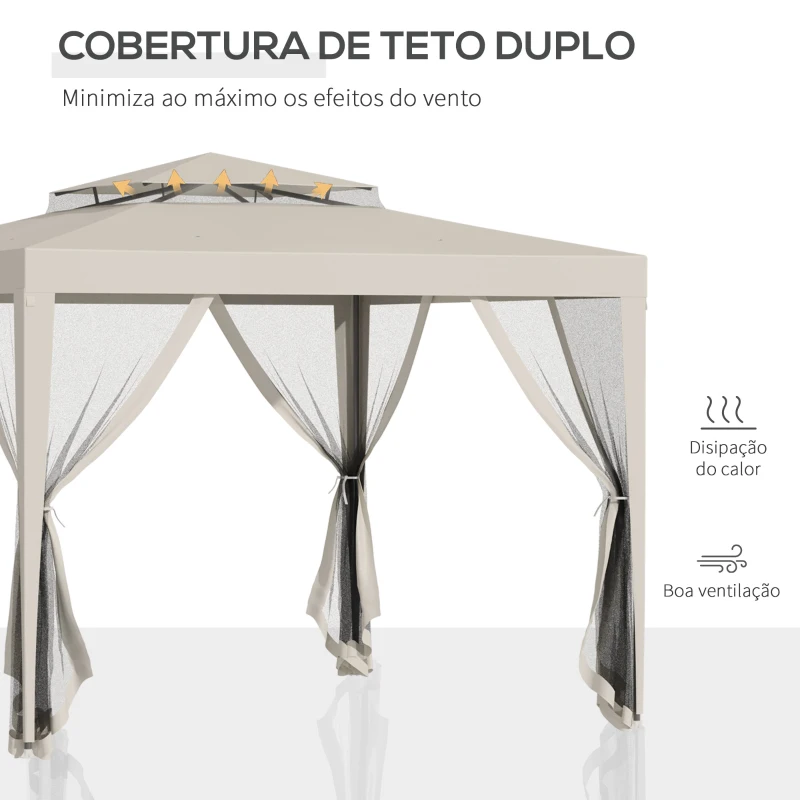 Outsunny Pérgola de Jardim 297x297x268 cm com Redes Mosquiteiras Laterais com Fecho de Correr Teto de Ventilação e 8 Orifícios de Drenagem Bege