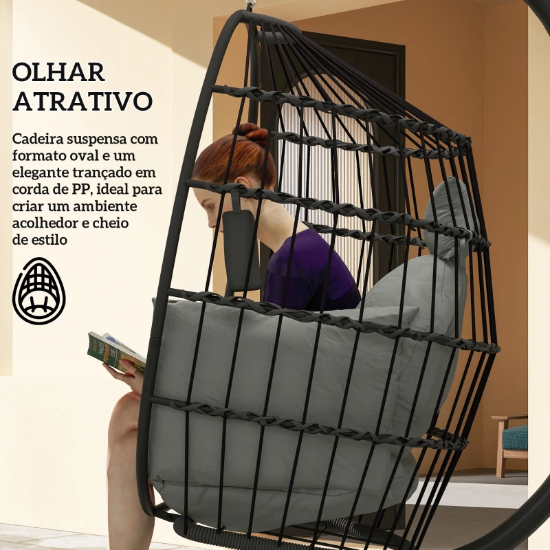 Outsunny Cadeira Suspensa com Suporte Cadeira Baloiço de Jardim com Cesto Dobrável Almofada e Apoio para a Cabeça 120x88x192 cm Preto