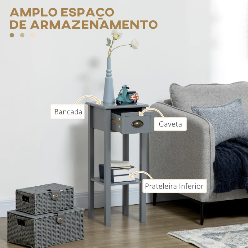 HOMCOM Mesa de Apoio com Gaveta e Prateleira de Armazenamento Estilo Moderno 30x30x75cm Branco