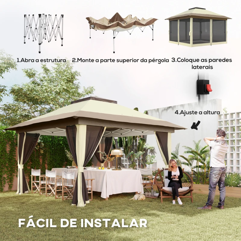 Outsunny Pérgola Dobrável 356x356x280 cm com 4 Paredes Laterais de Malha Anti-UV Altura Ajustável e Bolsa de Transporte Bege e Marrom