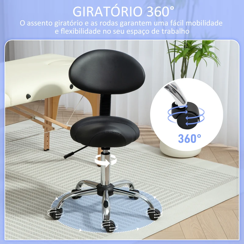 HOMCOM Banco Giratório Rodas e Encosto Amovível Banco de Trabalho com Altura Regulável 83-98 cm Assento Estofado em Couro Sintético Preto