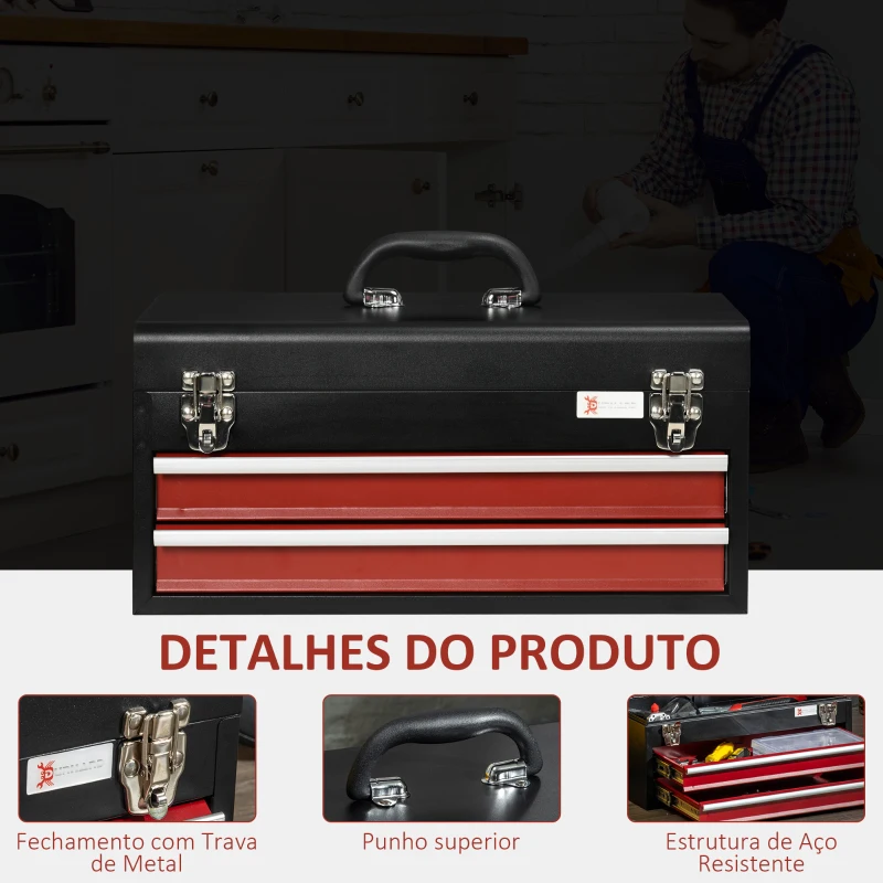 DURHAND Caixa de Ferramentas de Aço com 2 Gavetas Fechaduras Metálicas Mala de Ferramentas Portátil 46x24x22 cm Preto e Vermelho