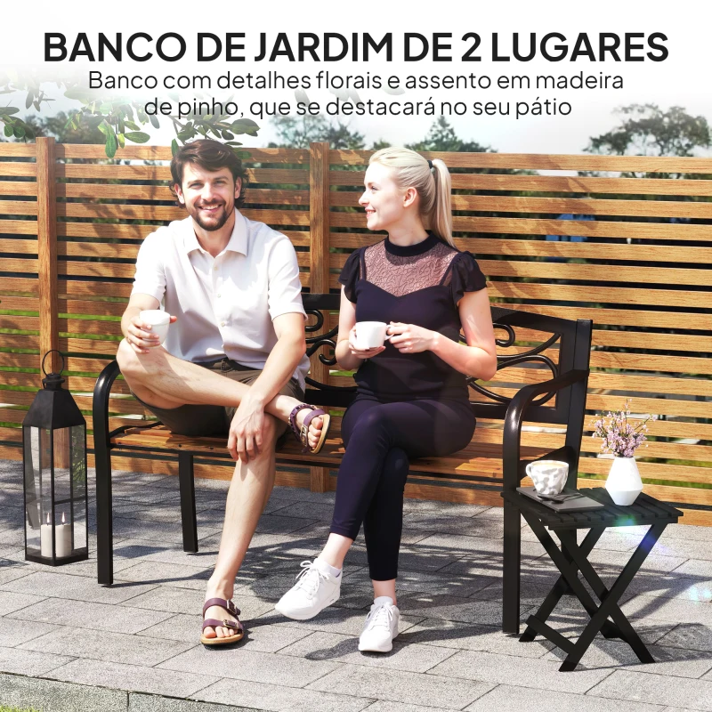 Outsunny Banco de Jardim de 2 Lugares Banco de Exterior com Assento de Madeira e Estrutura de Aço 127x56x80 cm Madeira e Preto