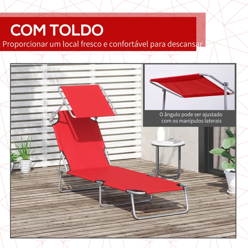 Outsunny Espreguiçadeira de Jardim Dobrável com Toldo Removível e Ajustável  e Encosto Ajustável 187x58x36 cm Vermelho