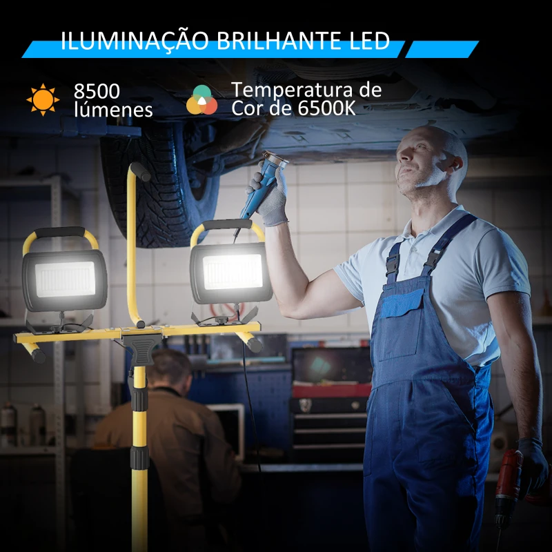 HOMCOM Projetor LED Duplo Recarregável com Tripé Dobrável 8500 Lúmenes IP65 6500K e Ajustáveis para Trabalho Amarelo e Preto