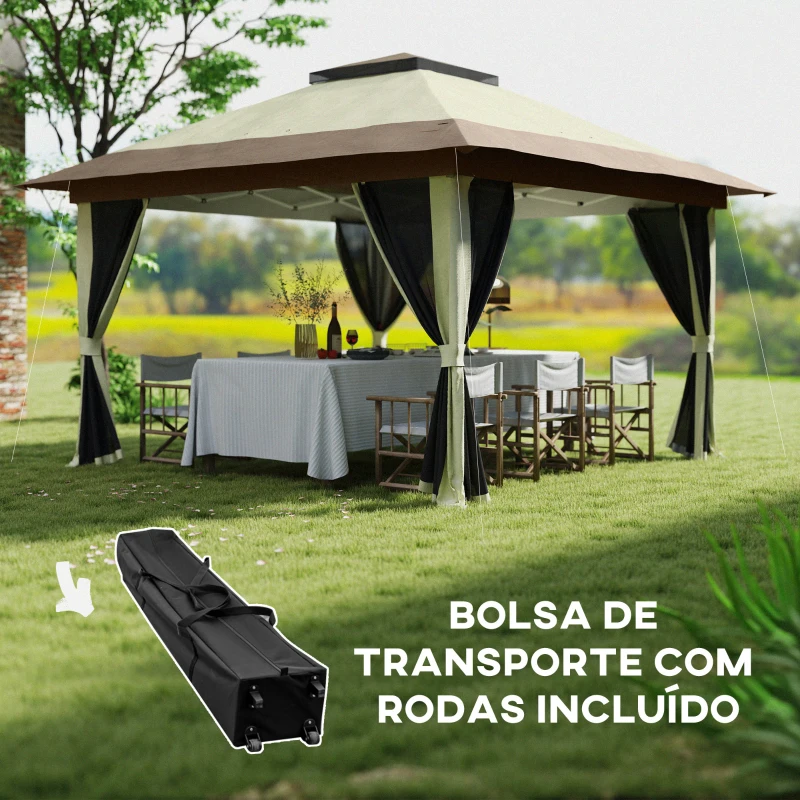 Outsunny Pérgola Dobrável 356x356x280 cm com 4 Paredes Laterais de Malha Anti-UV Altura Ajustável e Bolsa de Transporte Bege e Marrom