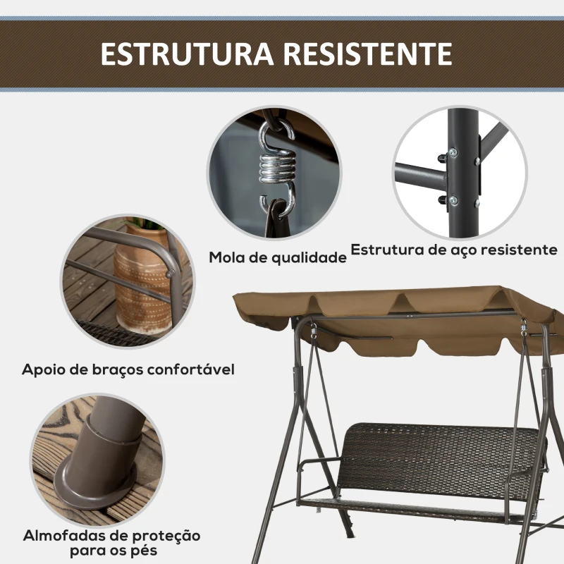 Outsunny Banco Baloiço de Jardim com Toldo Ajustável Assento em Vime PE e Apoio para os Braços 167x112x153 cm Marrom