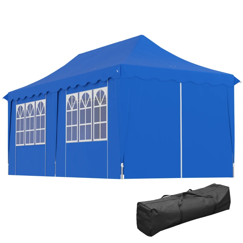 Outsunny Tenda Dobrável Pop Up 596x300x315 cm com 6 Paredes Laterais Anti-UV Altura Ajustável para Campismo Festas Azul