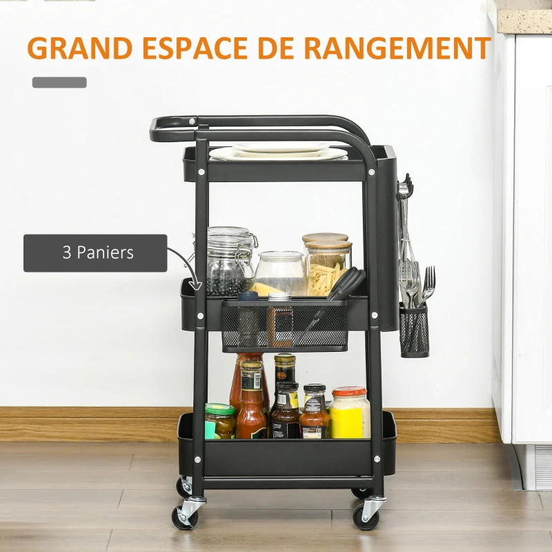 HOMCOM Desserte chariot de rangement pour bureau en métal chariot de service à roulettes 3 niveaux avec 2 range-couverts 4 crochets dim.51,5L x 32l x 75,6H cm - noir