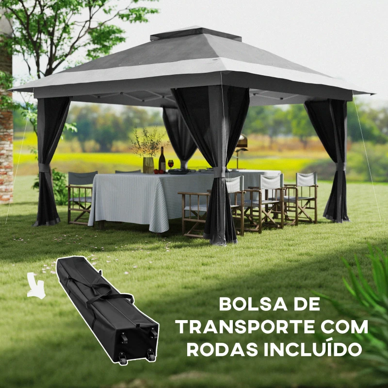 Outsunny Pérgola Dobrável 356x356x280 cm com 4 Paredes Laterais de Malha Anti-UV Altura Ajustável e Bolsa de Transporte Cinza Escuro