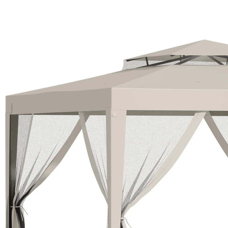 Outsunny Pérgola de Jardim 297x297x268 cm com Redes Mosquiteiras Laterais com Fecho de Correr Teto de Ventilação e 8 Orifícios de Drenagem Bege
