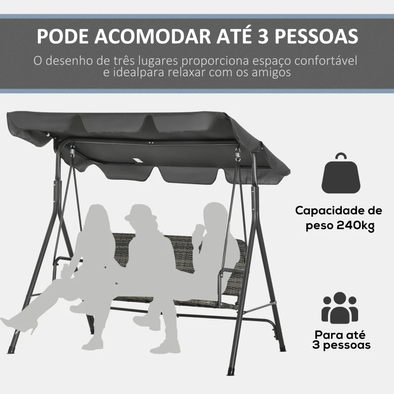Outsunny Banco Baloiço de Jardim com Toldo Ajustável Assento em Vime PE e Apoio para os Braços 167x112x153 cm Cinza