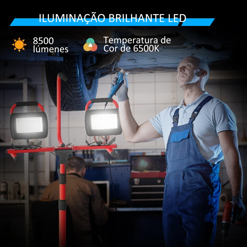 HOMCOM Projetor LED Duplo Recarregável com Tripé Dobrável 8500 Lúmenes IP65 6500K e Ajustáveis para Trabalho Vermelho e Preto