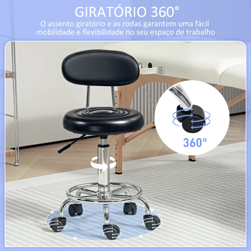 HOMCOM Banco Giratório com Rodas e Encosto Banco de Trabalho com Altura Ajustável Banco Estofado em Couro Sintético 32x40x70x70-86 cm Preto