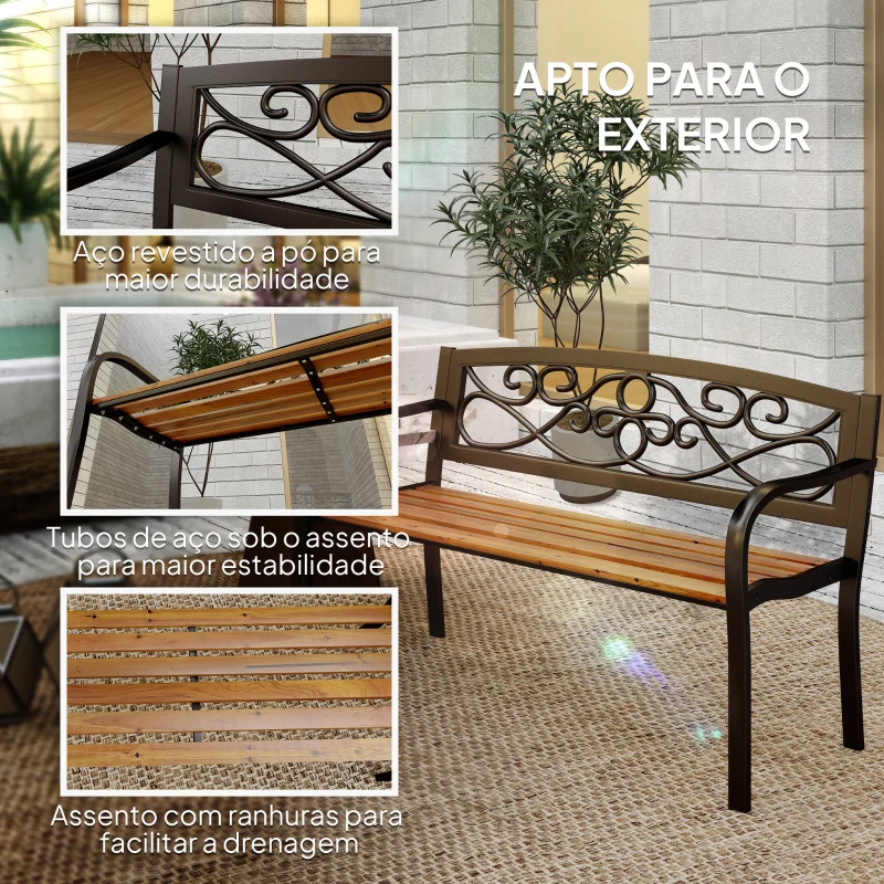 Outsunny Banco de Jardim de 2 Lugares Banco de Exterior com Assento de Madeira e Estrutura de Aço 127x56x80 cm Madeira e Preto