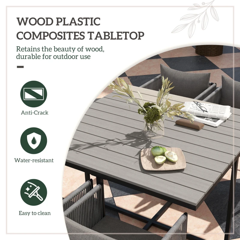 Outsunny 4 Seater Rattan Cube Garden Furniture Set, Rattan Dining Set with Cushions, Outdoor Dining Table and Chairs with Rectangular Wood Grain Plastic Top Table for Patio, Balcony, Grey