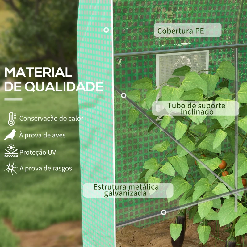 Outsunny Estufa tipo Túnel 400x200x205 cm Estufa de Jardim com Porta Enrolável e 6 Janelas Cobertura de PE 140 g/m² Verde