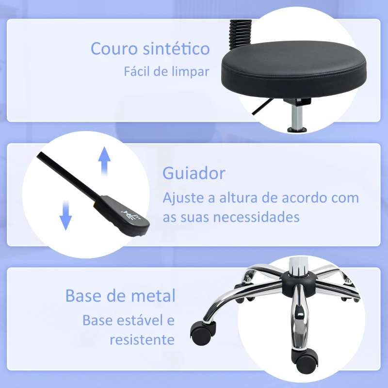 HOMCOM Banco Giratório Banco com Rodas e Encosto Banco de Trabalho com Altura Ajustável 78-93 cm Estofado em Couro Sintético Preto
