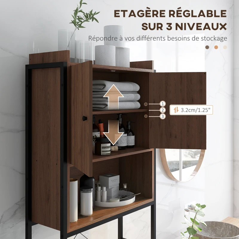 kleankin Meuble étagère dessus WC étagère de salle de bain placard 2 portes et niche 68 x 25,5 x 172,5 cm marron noir