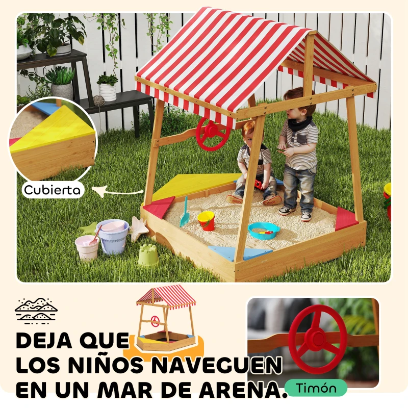 AIYAPLAY Arenero Infantil de Madera en Forma de Barco con Toldo Ajustable Timón y Forro de Base para Juegos al Aire Libre Natural