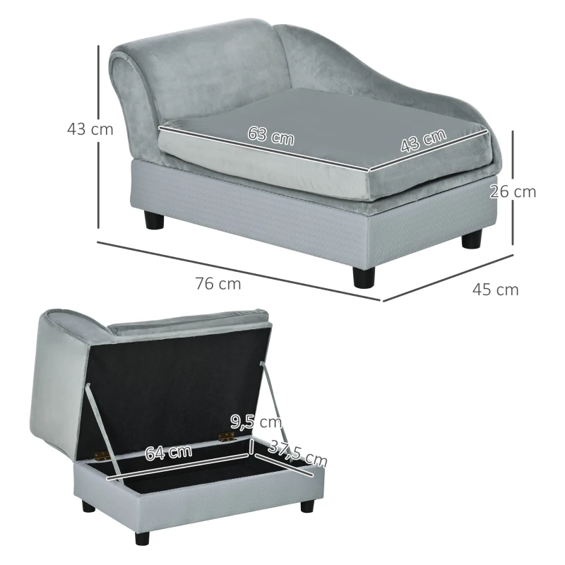PawHut Sofá para Perros con Almacenaje Oculto y Cojín Diván para Mascotas de Hasta 10 kg 76x45x43 cm Gris Claro