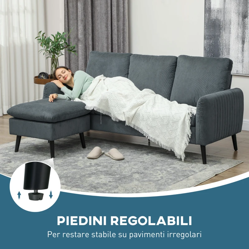 HOMCOM Divano 3 Posti Angolare con Chaise Longue Reversibile, in Tessuto Effetto Velluto, 196x140x88 cm, Grigio Carbone