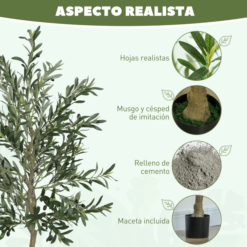 HOMCOM Planta Artificial Decorativa de 180cm Árbol de Olivo con 900 Hojas y 40 Aceitunas en Maceta para Interior Verde