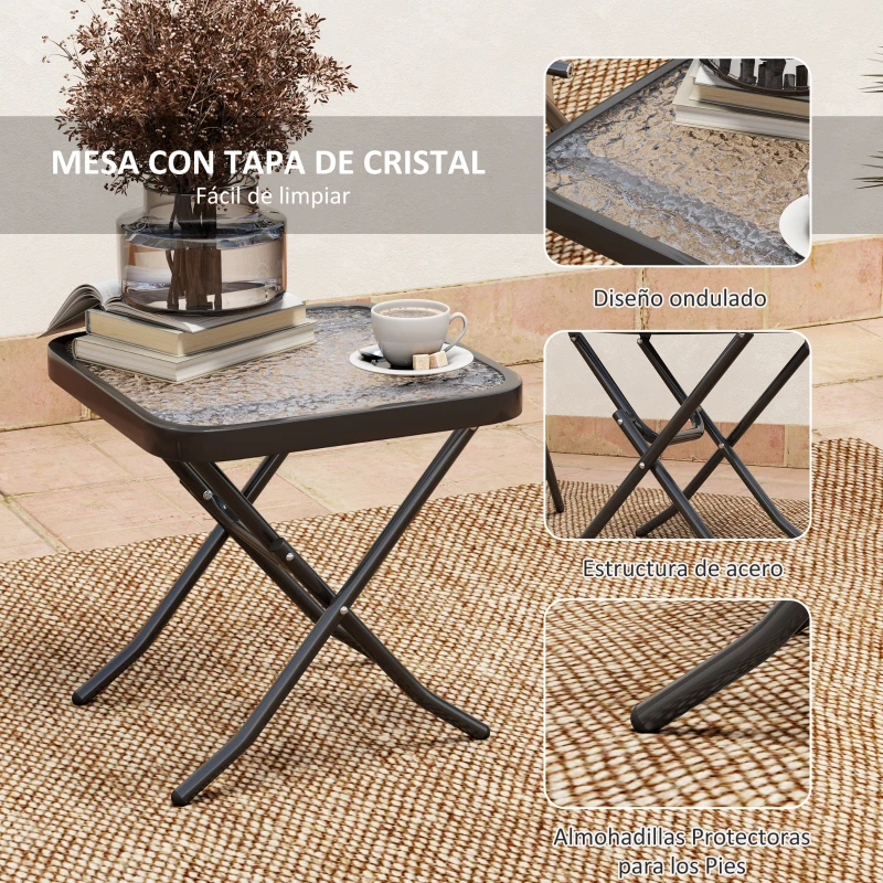 Outsunny Conjunto de 3 Piezas Mesa con Encimera de Cristal y Sillas Plegables con Respaldo Regulable para Terraza Exterior Negro