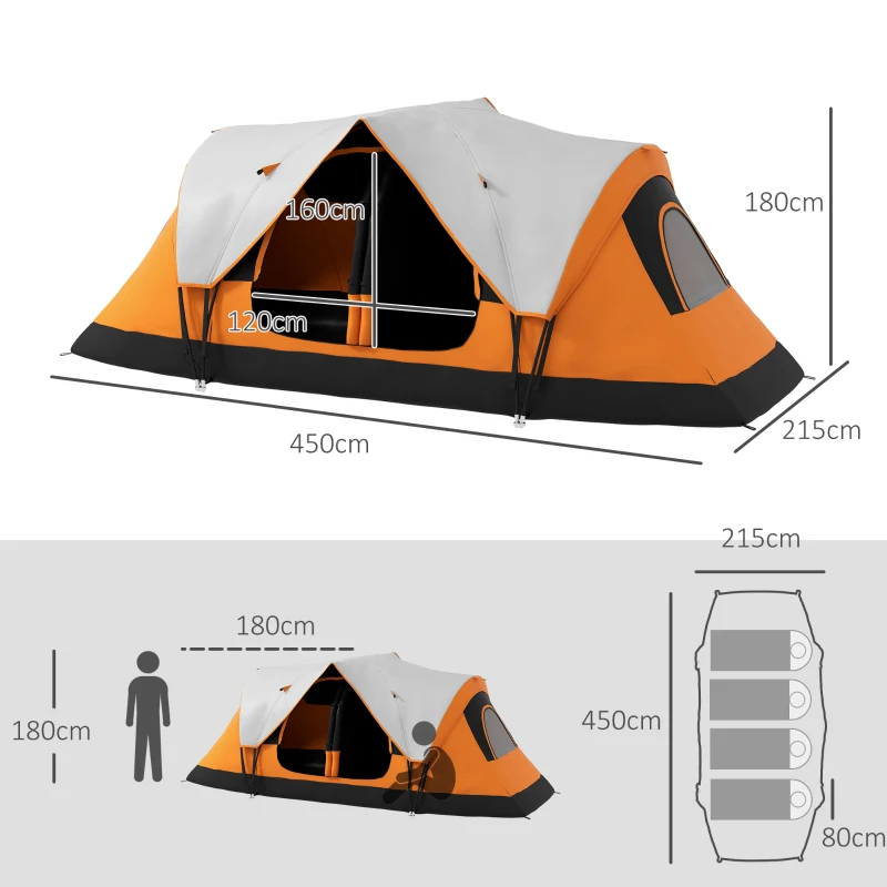 Outsunny Campingzelt, 2 Räume, Trennwand, für 6-8 Personen, Regenschutz, Orange(m-3)