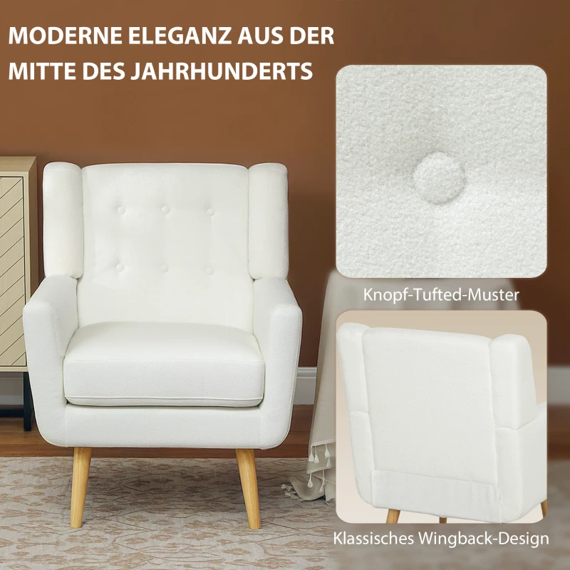 HOMCOM Fauteuil met Armleuningen, Oorfauteuil, Gepolsterde Stoel, Houten Poten, Knoopstiksels, Wit