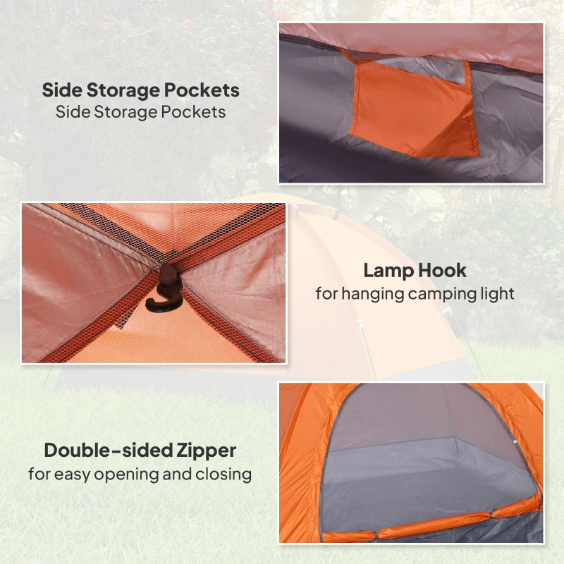 Outsunny 2 Person Camping Tent, Dome Tent with Zipped Doors, Storage Pocket, Portable Handy Bag, Orange