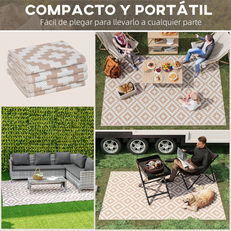 Outsunny Alfombra de Exterior Reversible 182x274 cm con Patrón Geométrico Acabado Impermeable Café y Blanco