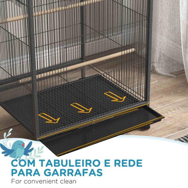 PawHut Gaiola para Pássaros com Rodas Gaiola para Aves com Comedouro Poleiro Baloiço e Bandeja Amovível 48x46x74 cm Cinzento