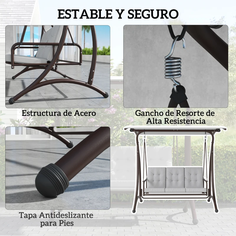 Outsunny Columpio de Jardín de 3 Plazas Convertible en Cama con Toldo Ajustable UPF30+ y Cojines 200x120x175 cm Gris Claro