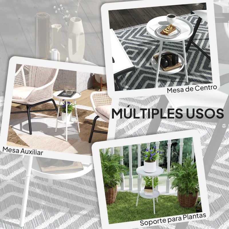 Outsunny Mesa de Jardín Redonda de 2 Niveles con Bordes Elevados Bandeja Inferior para Exterior e Interior Ø32x51 cm Blanco