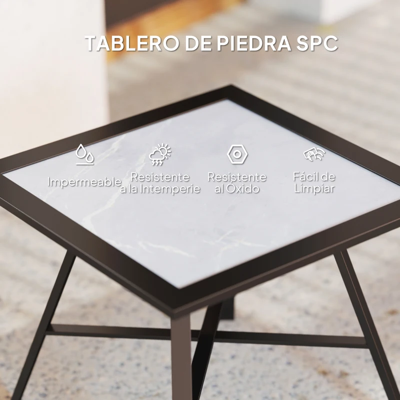 Outsunny Mesa Auxiliar de Jardín con Encimera de Aspecto Piedra Gris y Estructura Negra 55x55x46 cm Mesita de Exterior Compacta