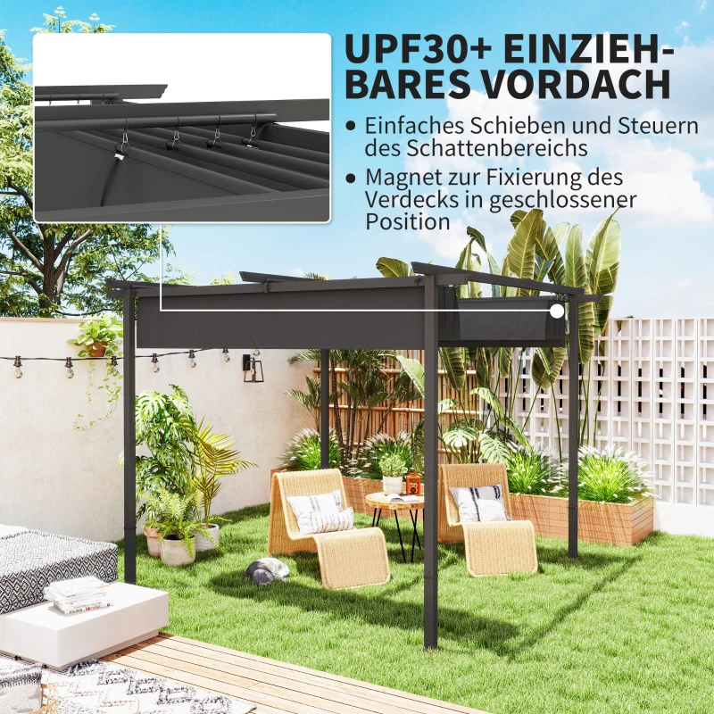 Outsunny 3 x 3 m Garten-Pergola mit verstellbarem Dach, Metallrahmen, UPF30+ Schutz, Sonnendach für Veranda, Terrasse, Dunkelgrau