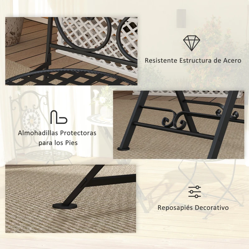 Outsunny Conjunto de Jardín de 3 Piezas con Mesa Redonda y Sillas Plegables y Patrón de Mosaico Geométrico Multicolor