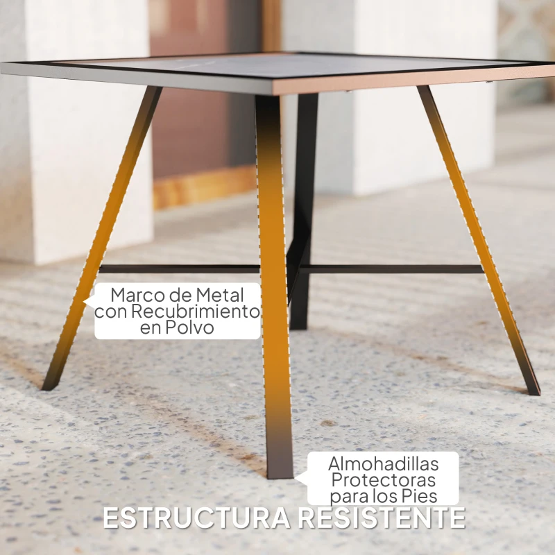 Outsunny Mesa Auxiliar de Jardín con Encimera de Aspecto Piedra Gris y Estructura Negra 55x55x46 cm Mesita de Exterior Compacta