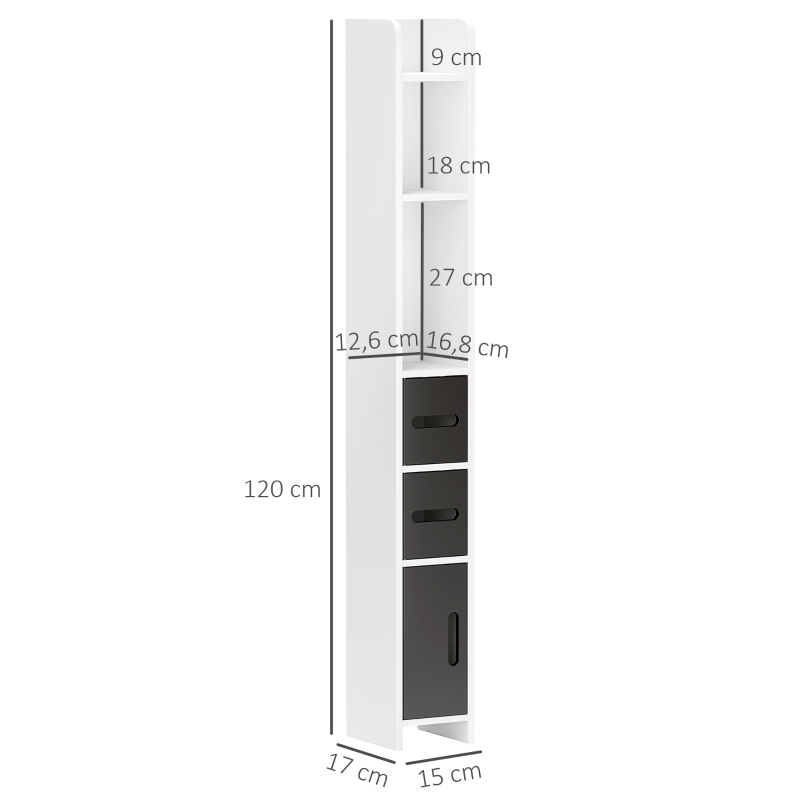 kleankin Columna de Baño con 3 Puertas y 3 Estantes Abiertos Armario de Baño Alto Estilo Moderno 15x17x120 cm Blanco y Negro