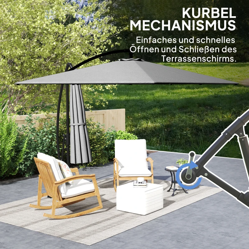 Outsunny Ampelschirm Ø260 cm Sonnenschirm mit UV-Schutz 50 wasserabweisend Kurbelschirm mit Ständer, Grau