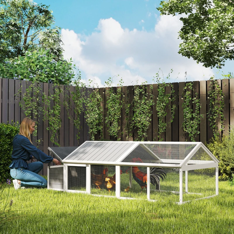 PawHut Gallinero para Exterior de Madera 240x112,5x76 cm con Techo Abatible Corral Puertas con Cerradura y Nido Blanco y Gris