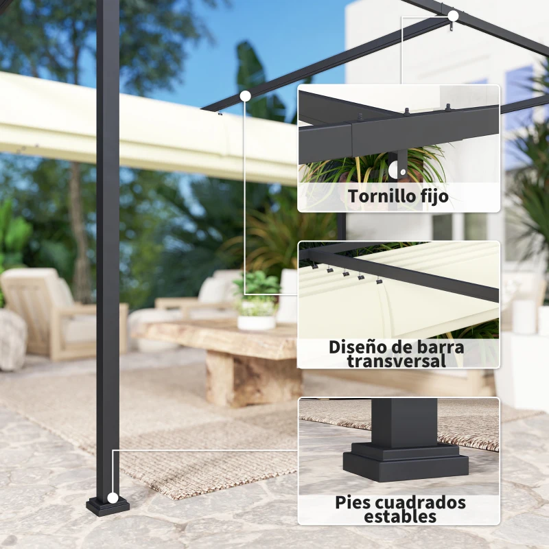 Outsunny Pérgola de Jardín 4x3m Cenador de Techo Retráctil de Poliéster Recubrimiento Resistente para Celebraciones Crema