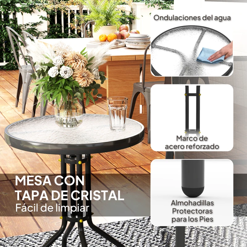 Outsunny Conjunto de Jardín de 3 Piezas con Mesa Redonda Encimera de Vidrio y Sillas Apilables para Exteriores Negro