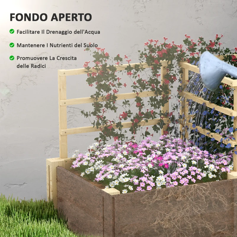 Outsunny Letto per Orto con 3 Tralicci e 2 Fioriere in Legno di Abete con Fondo Aperto, 119x62.5x64 cm, color Legno