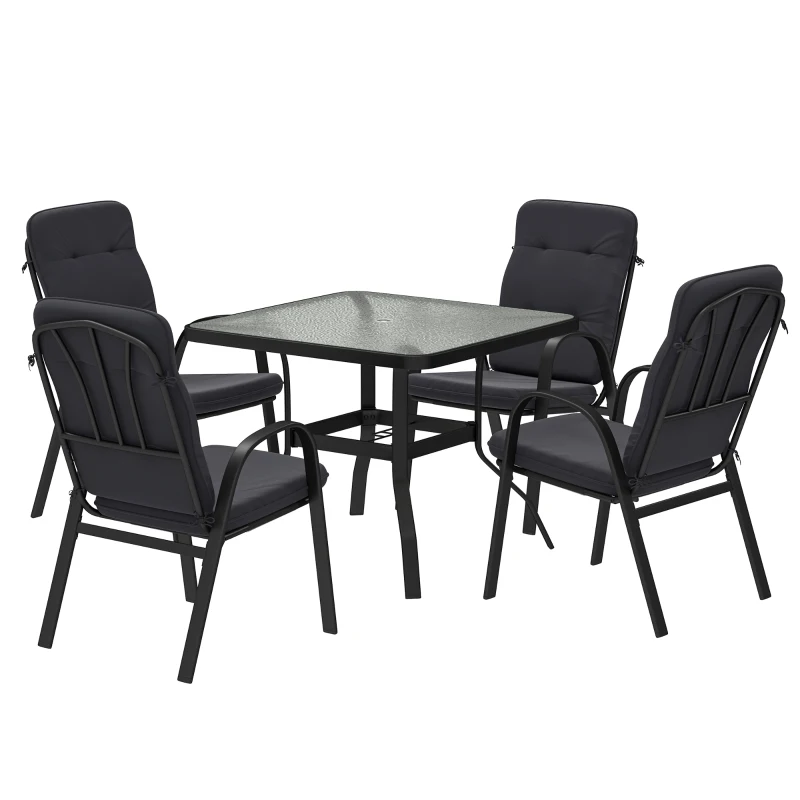 Outsunny 5 Pieces Outdoor Square Garden Dining Set w/ Tempered Glass Dining Table 4 Cushioned Armchairs, Umbrella Hole, Black