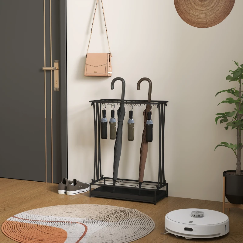 HOMCOM Paragüero Moderno de Acero con 21 Espacios y 24 Ganchos Bandeja Recogegotas Extraíble para Entrada 50x24x68 cm Negro