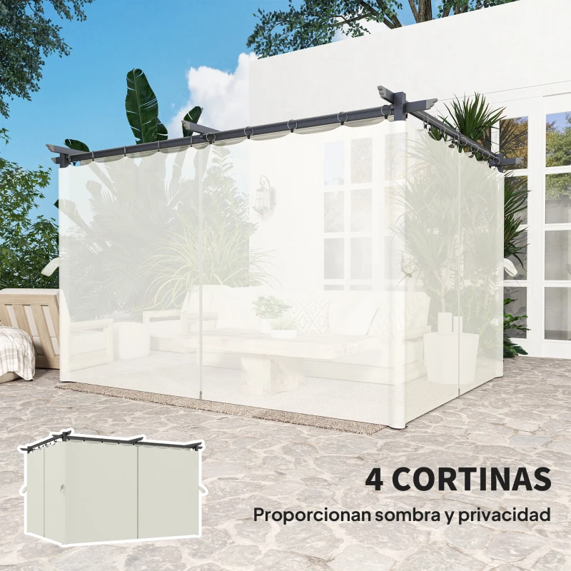 Outsunny Pérgola con Techo Retráctil 4x3 m Cenador con Paredes Laterales Anti-UV Resistente al Agua para Jardín Patio Crema